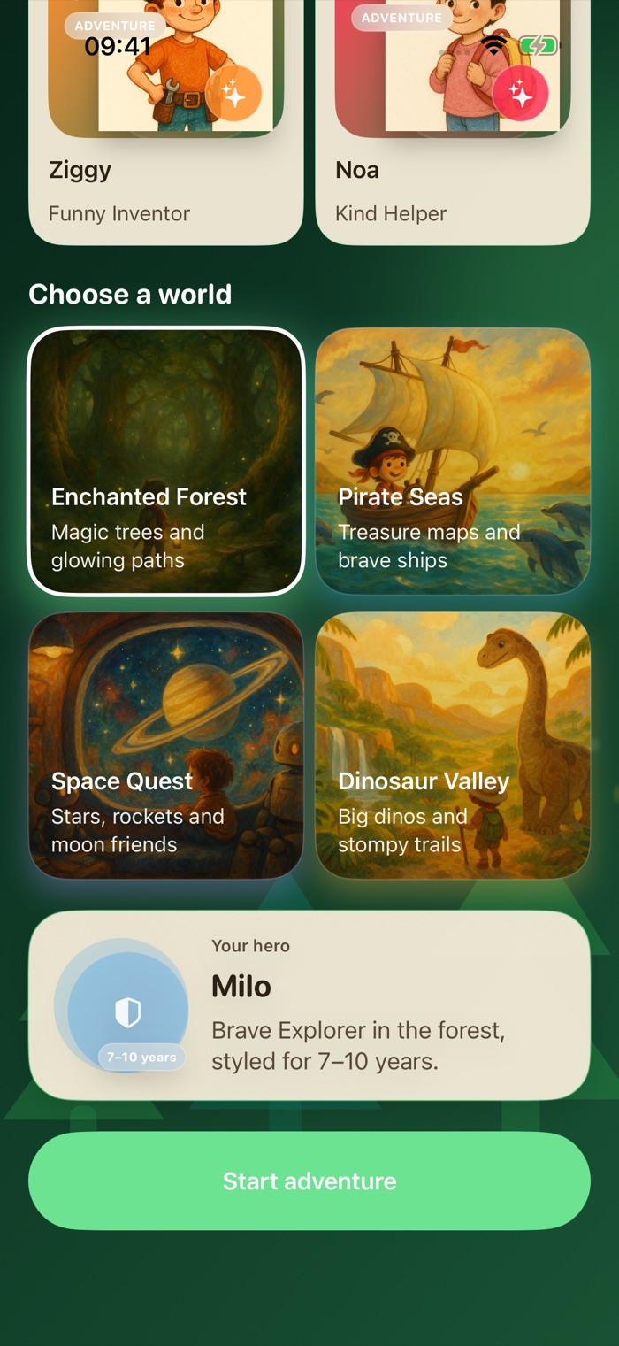 Choose between four illustrated story worlds