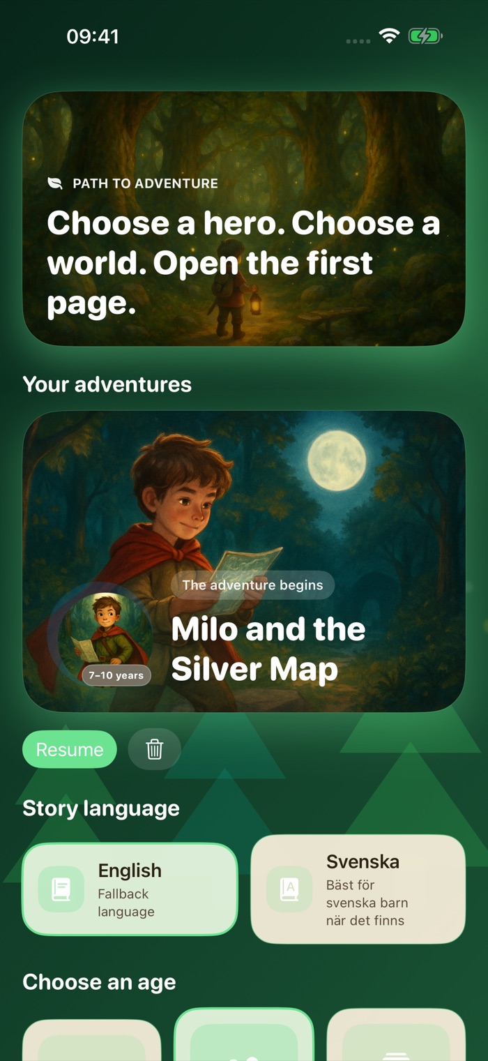 Path to Adventure home screen with a saved illustrated adventure