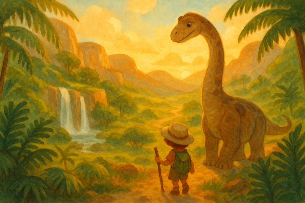 A child meeting a gentle dinosaur in a sunny valley