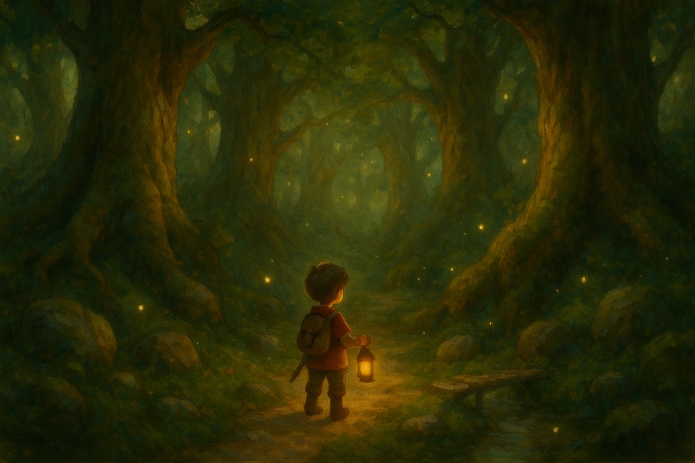 A child following a glowing path through an enchanted forest
