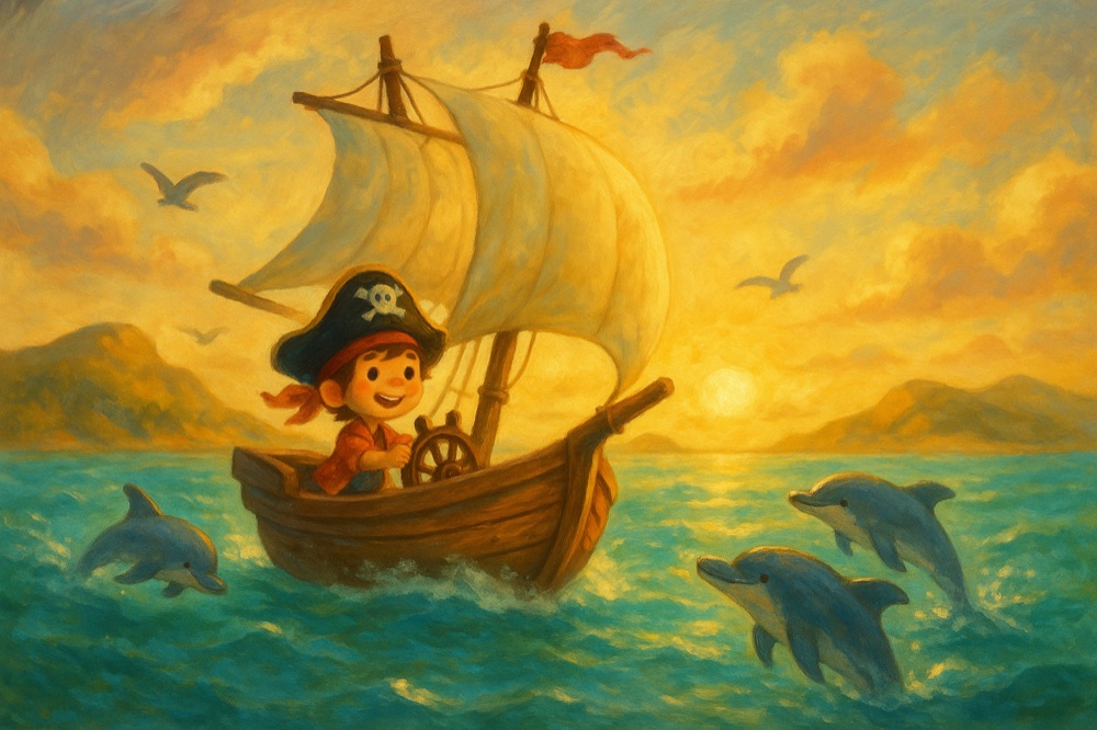 A young pirate sailing across a golden sea