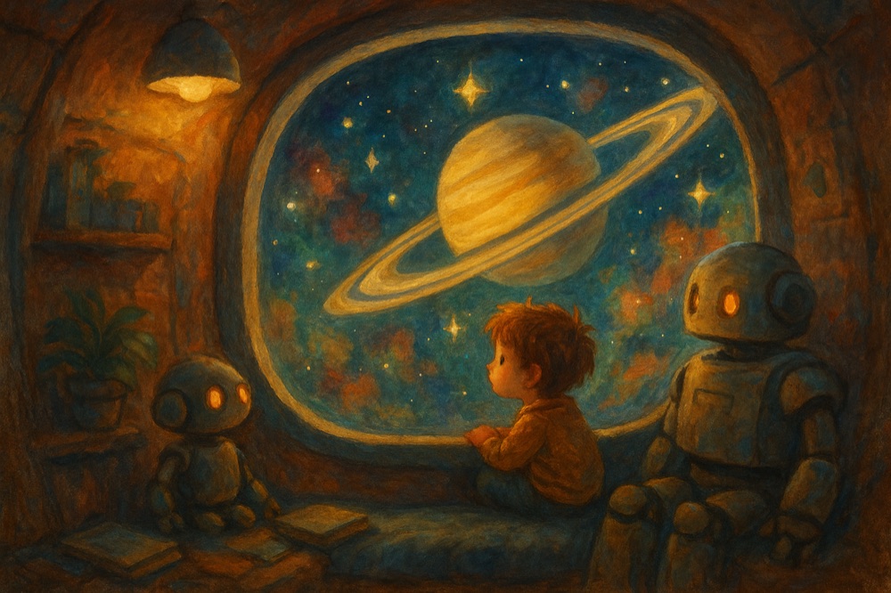 A young explorer looking into a colorful galaxy